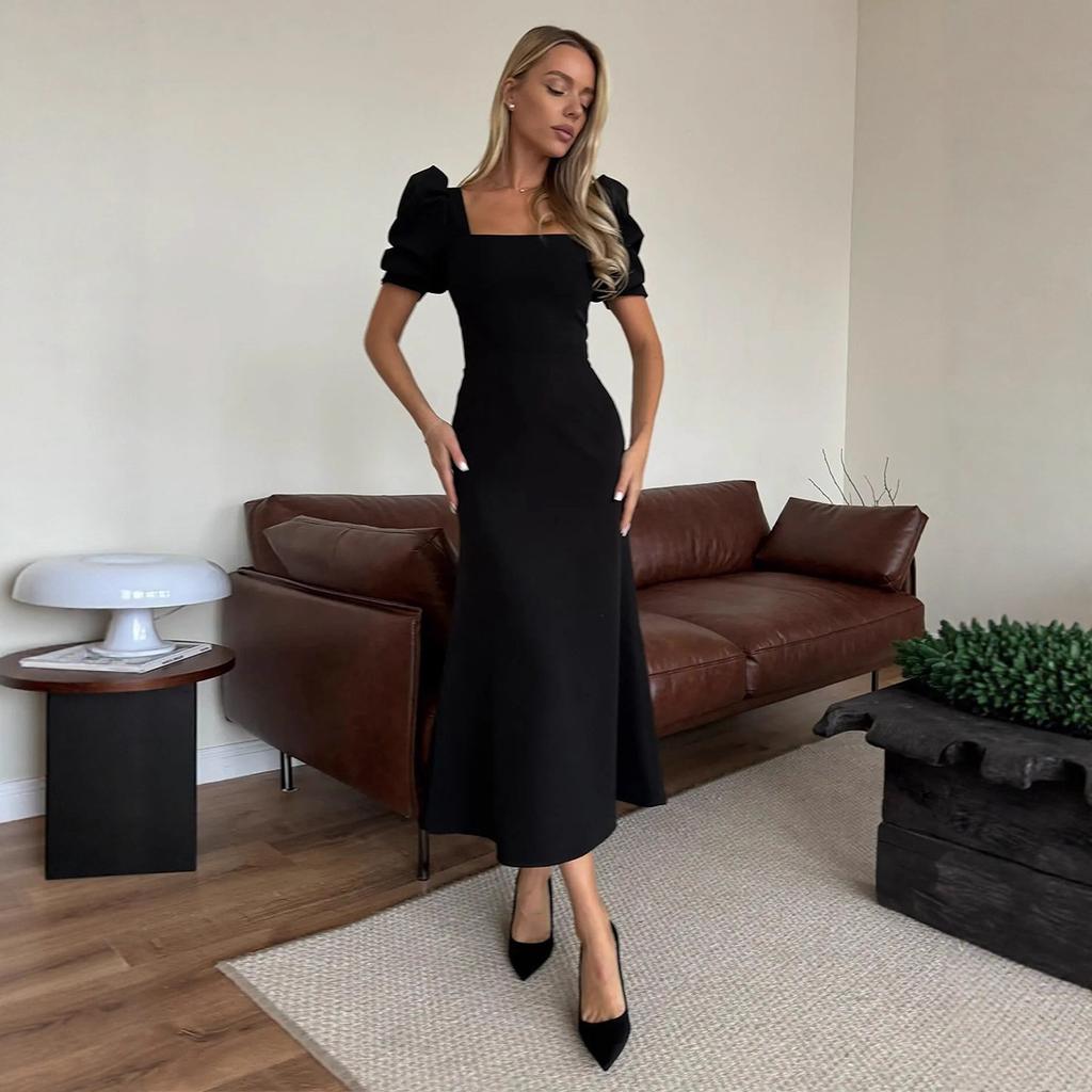 Čtvercový výstřih krátký rukáv šaty Evropské a Americké léto nový temperament úzký střih bublinkový rukáv šaty