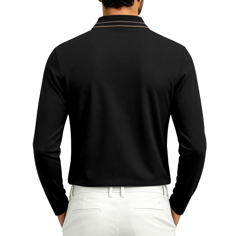 Men Striped Contrast Collar Long Sleeve Polo Shirt, 3 Button Placket Textured Lightweight Business Casual Golf Collared Top Multiple Colors