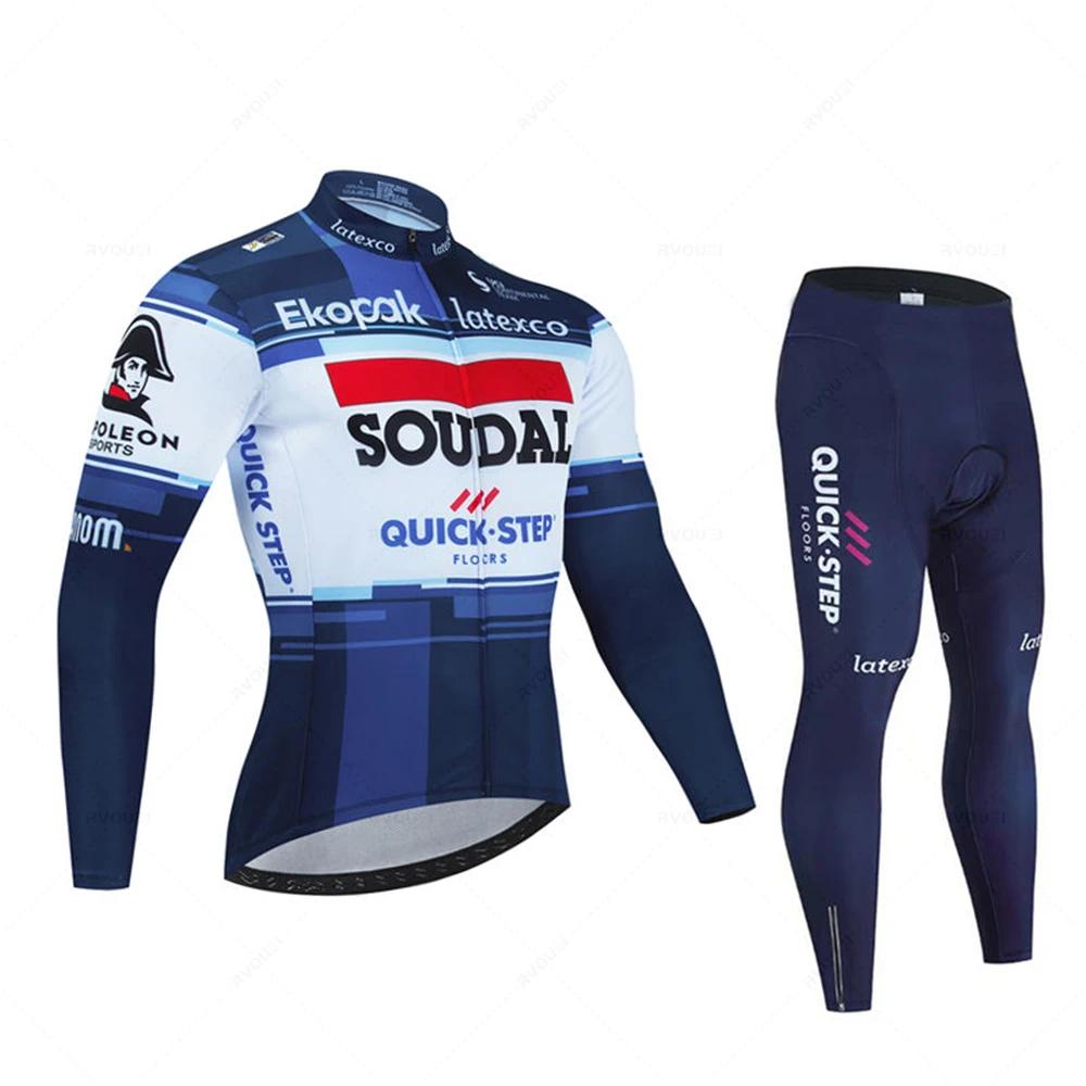 Soudal Quick Step France Jesienny Zestaw Koszulek Rowerowych Ubrania na Rower Szosowy Długi Rękaw Jednolity Strój MTB Spodenki na Szelkach Rowerowe Koszulka Sportowa do Jazdy