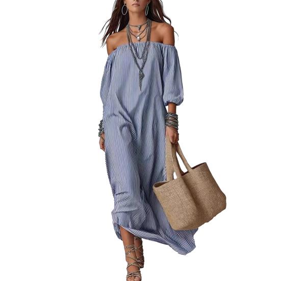 

Summer Maxi Dress for Women Off Shoulder Short Sleeve Long Dress Casual Striped Vacation Flowy Long Sundress XXL синій