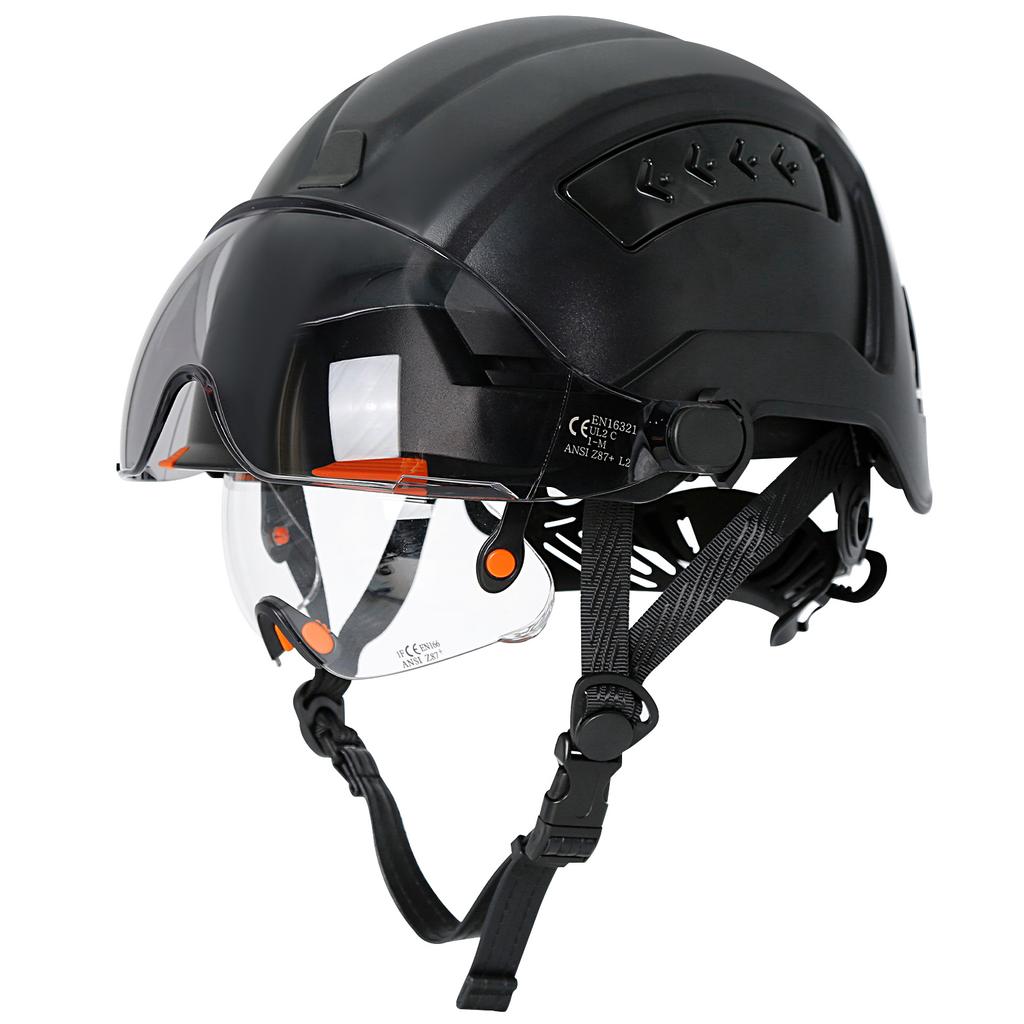 Casco di Sicurezza CE per l'Edilizia con Doppi Occhiali Integrati Visiera Adesivi Riflettenti Elmetto ANSI Cappello da Lavoro Industriale per Ingegnere
