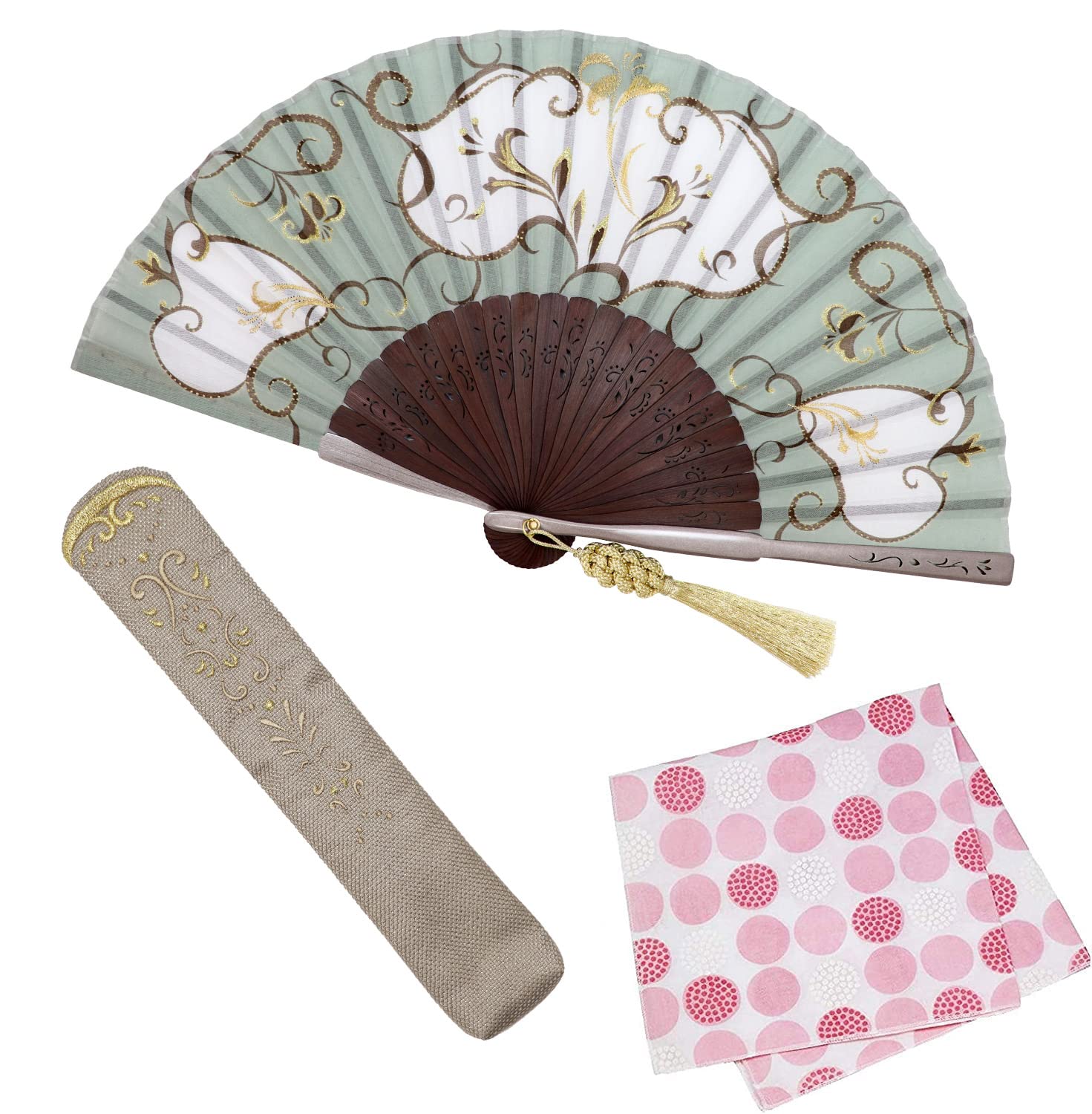 

Fan Fan Set with Noble [Osaka Choseido] Fan, Women s, Stylish, Business, Bag, Holder, Handkerchief, (Blue Gray)