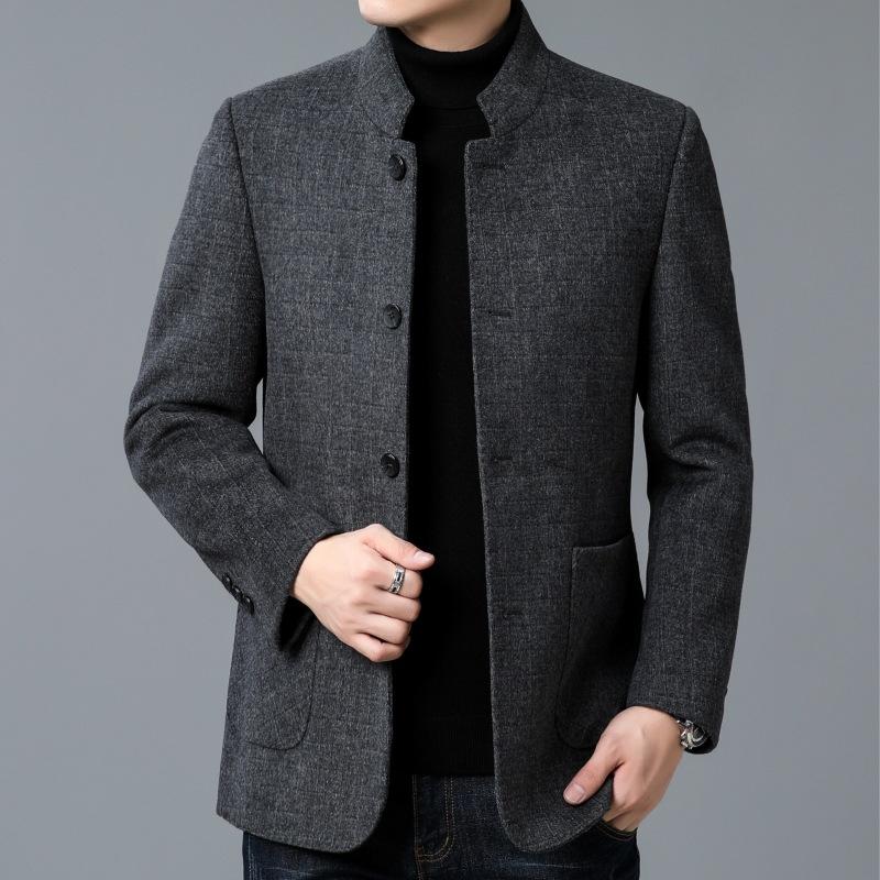 

Двустороннее шерстяное пальто для мужчин, воротник-стойка высокого качества, шерстяное пальто средней длины из кашемира, шерстяной топ для папы среднего возраста 195