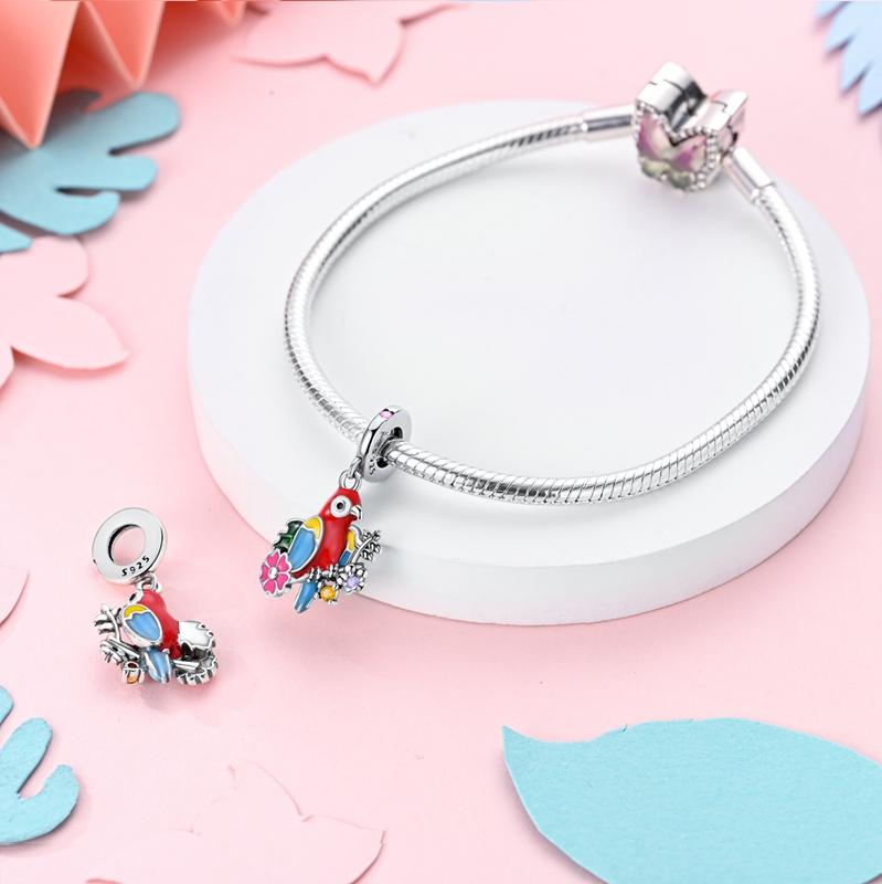 Spring New Copper Feather Flowers Parrot Bird Charm Bead Fits 3Mm Genuine Bracelet Beautiful DoItYourself Jewellery Gifts