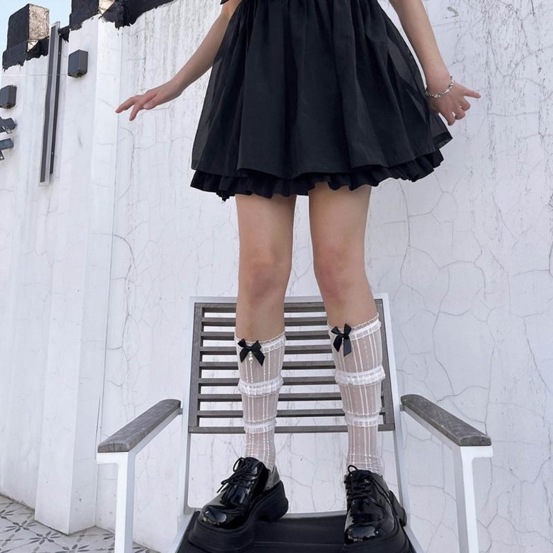 Womens Knee Length Lacy Edge Sock Bows Tie Stocking Bows Tie Long Fishnet Mesh Ballet Style Dance Sock for Summer