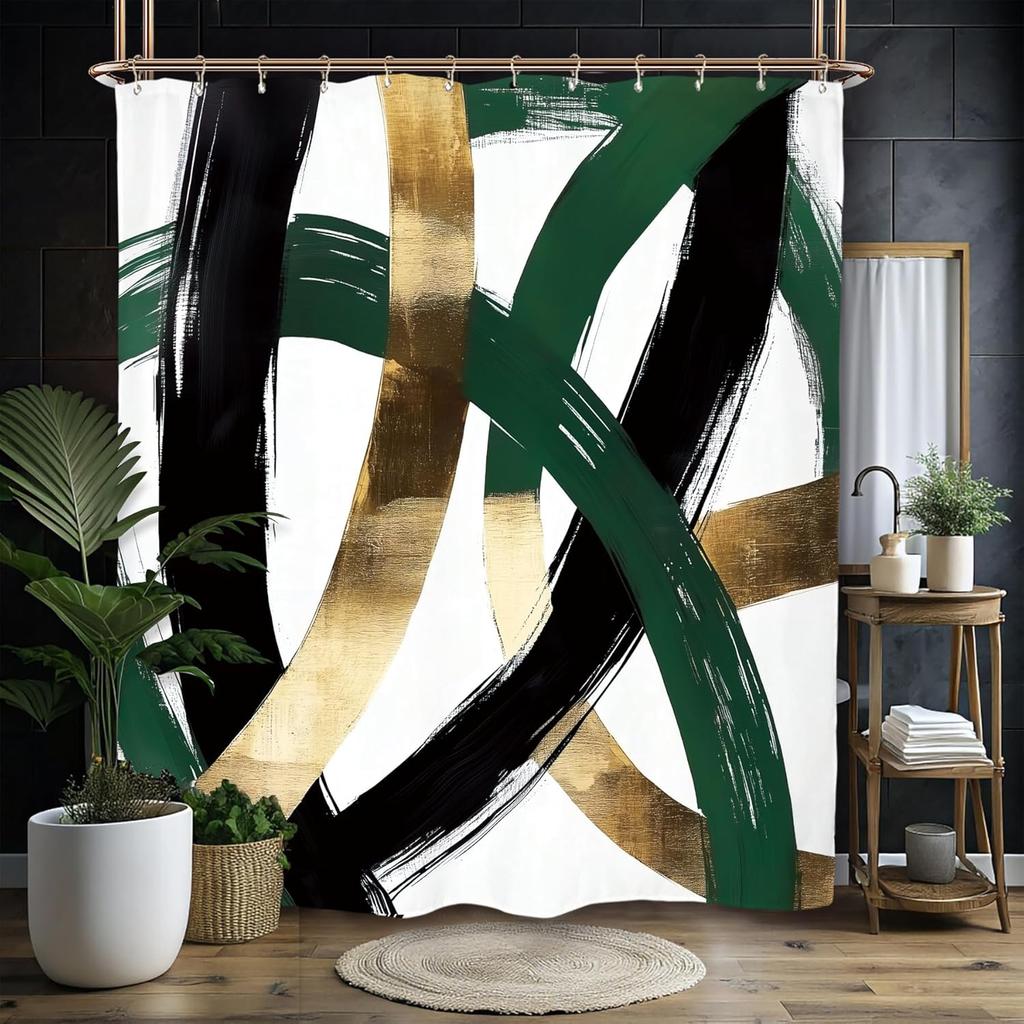 Abstract Waterfall Forest Shower Curtain Set Emerald Green Japanese Hokusai Aesthetic Landscape Forest Tree Polyester Waterproof