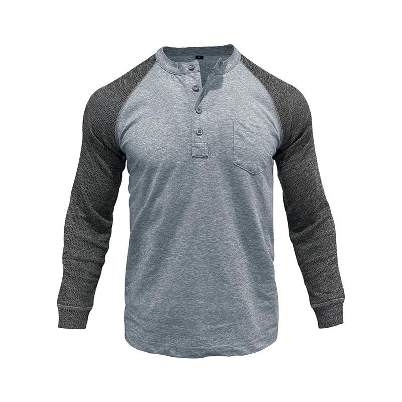 Herren Henley-Hals Raglanärmel T-Shirt Unifarben Patchwork-Tasche Oberteil