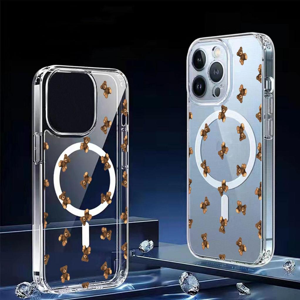 Cartoon Bear Magnetic Transparent Full Coverage Case for iPhone 15/16/17 Pro Max