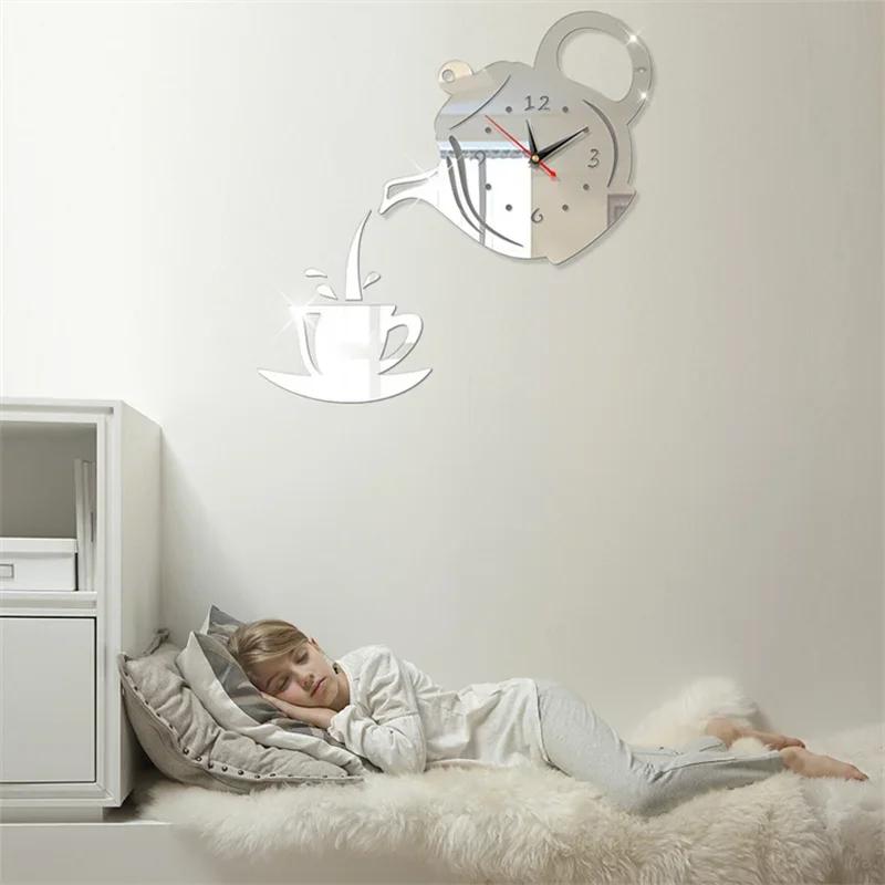 3D Coffee Cup Teapot Self Adhesive Acrylic Mirror Clock Wall Stickers for Home Living Room Decor Wall Clock Wall Sticker Clock