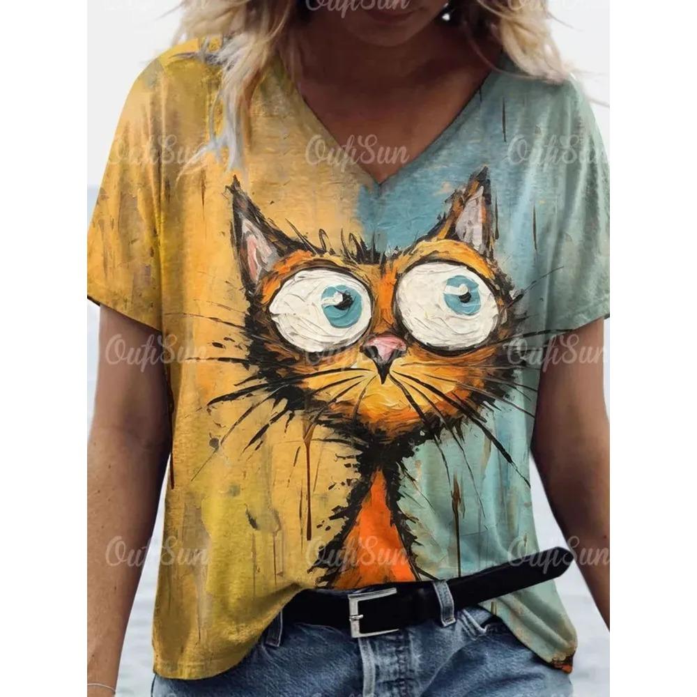 V-neck Short Sleeved T-shirt, Fashionable Women's T-shirt, Cat Print Pattern, Summer Oversized Clothing, Women's T-shirt