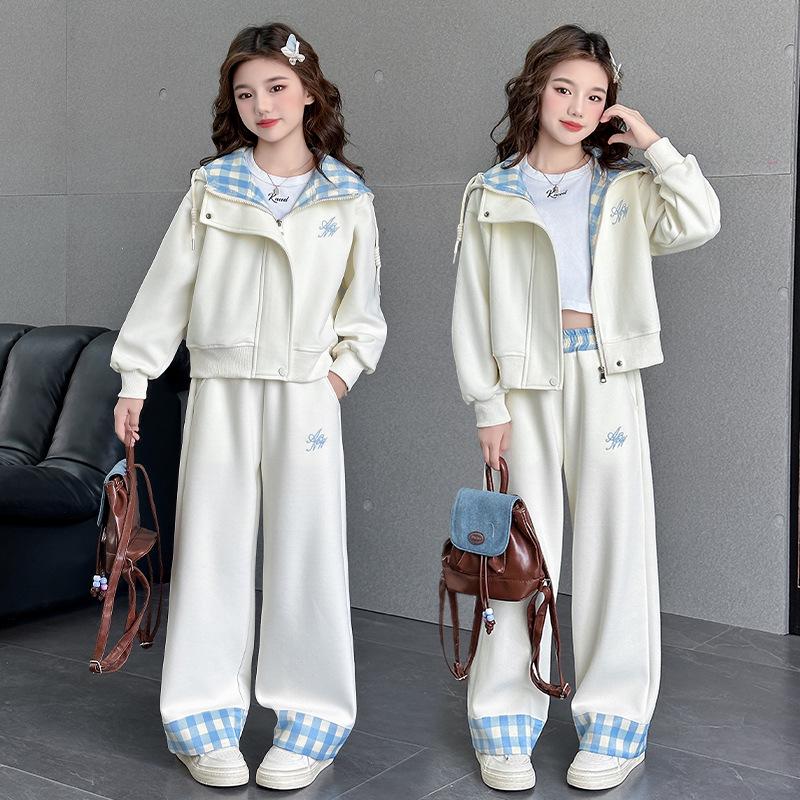 

Корейский трикотажный комплект для девочек Весна и Осень 2025, пэчворк в клетку, широкие брюки 170 cm