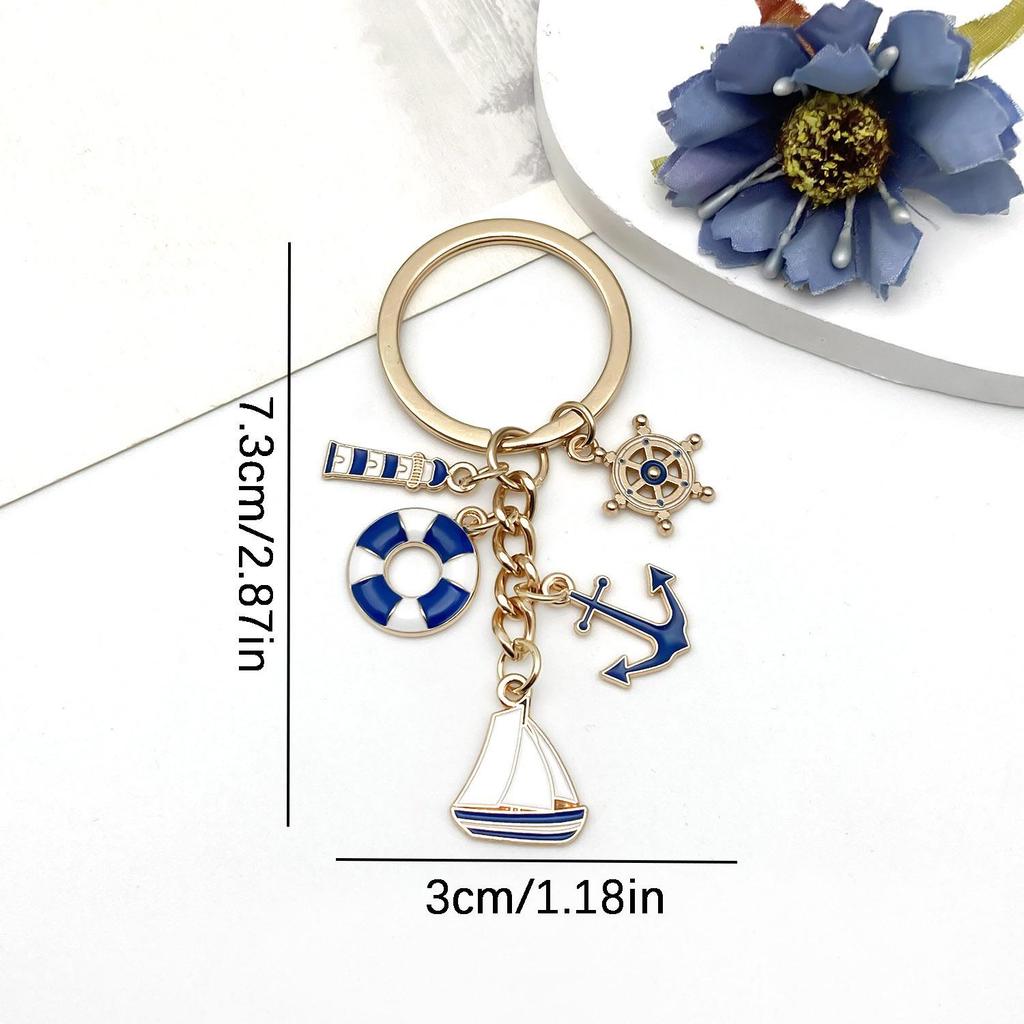 Blue Sailboat Lighthouse Lifebuoy Keychain - Maritime Worker Commemorative Pendant
