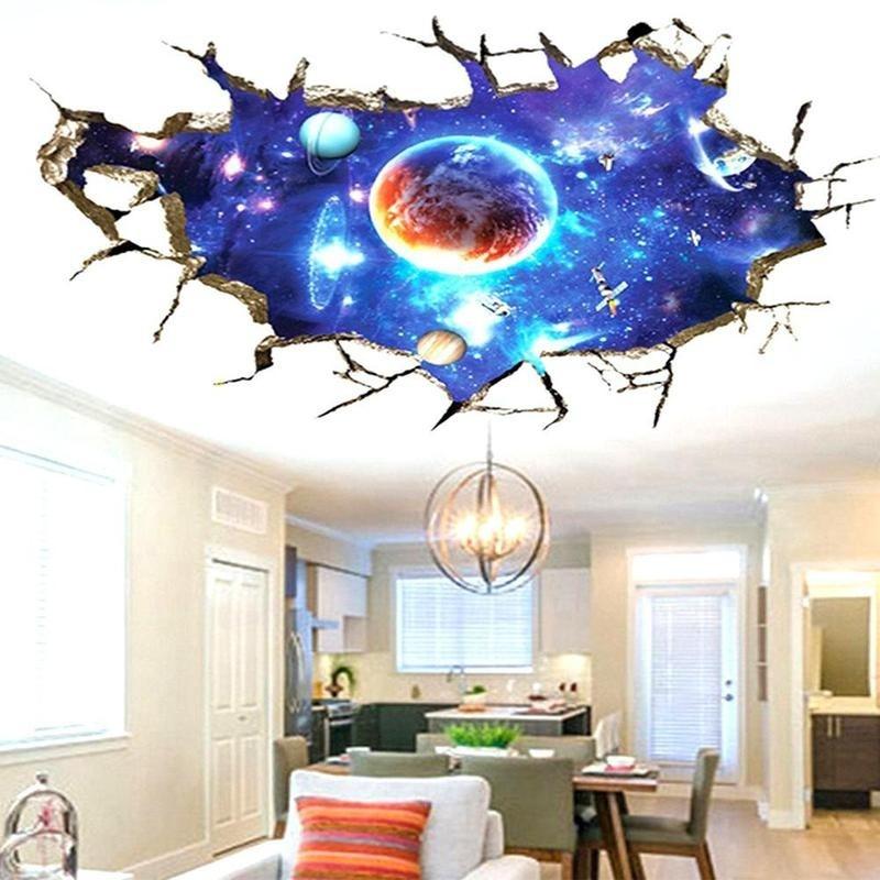 New 1Pc 3D Stereo Broken Wall Space Planet Wall Sticker Bedroom Living Room Ceiling Decoration Paste