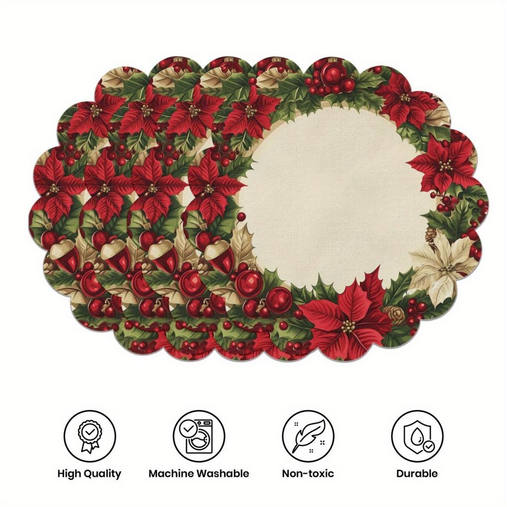 Christmas Themed Exquisite Printed Wavy Placemats, Red Berries, and Golden Pine Branch Patterns, Non-slip, Heat-resistant, Suitable for Holiday Table