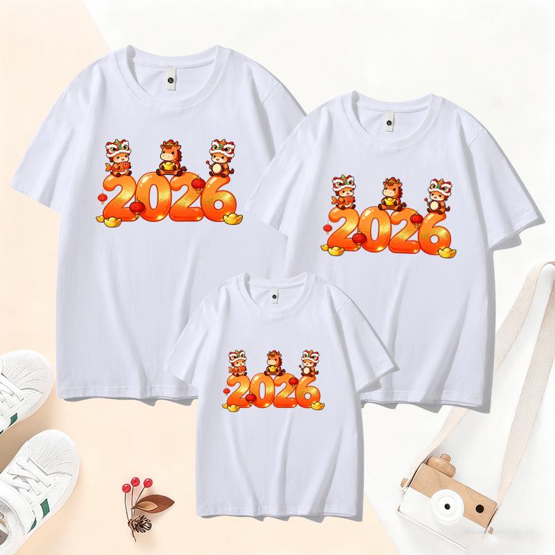 2026 Year of the Horse Red Family T-Shirt Set: Parent-Child Short-Sleeve for Chinese New Year Festive Photos