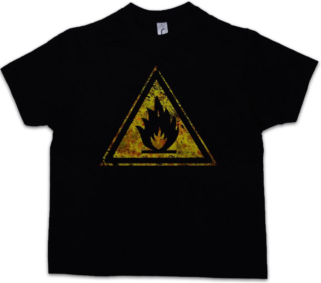 CAUTION FLAMMABLE LOGO SIGN Kids Boys T-Shirt Fire Chemistry Teacher Warning 100