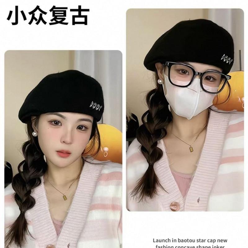 Béret noir femme automne et hiver polyvalent laine chaud montre petit visage chapeau grand tour de tête bec de canard chapeau pointant vers l'avant