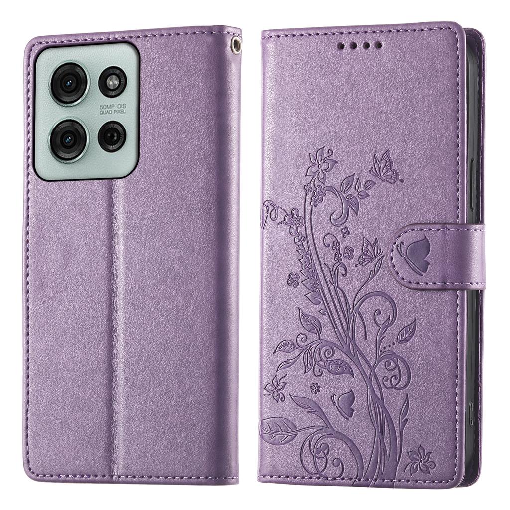 For Motorola Moto G75 5G Wallet Case Butterfly Floral Imprint PU Leather Phone Cover with Wrist Strap