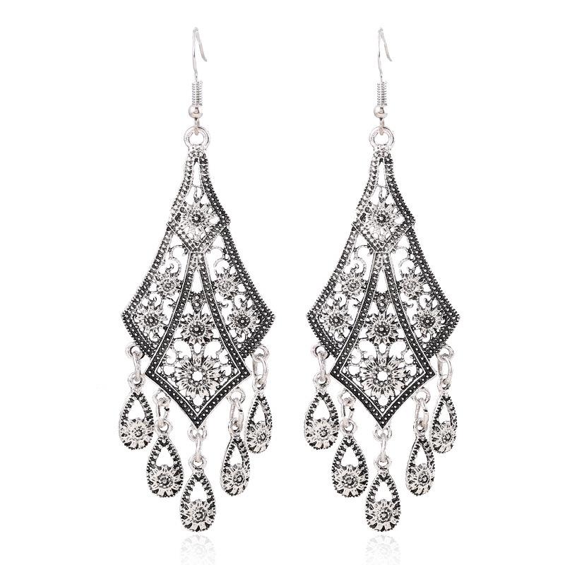 European Retro Ethnic Floral Tassel Earrings with Engraved Water Drop Design