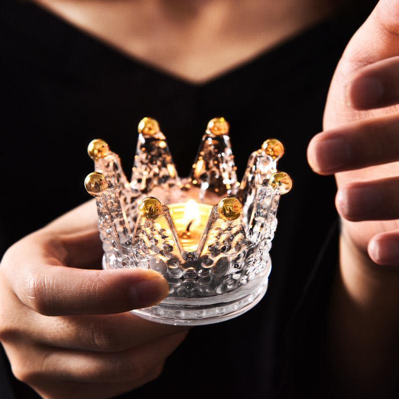 French Style Retro Crown Glass Candle Holder Aromatherapy Candlestick Organize Small Ornaments Romantic Atmosphere Props