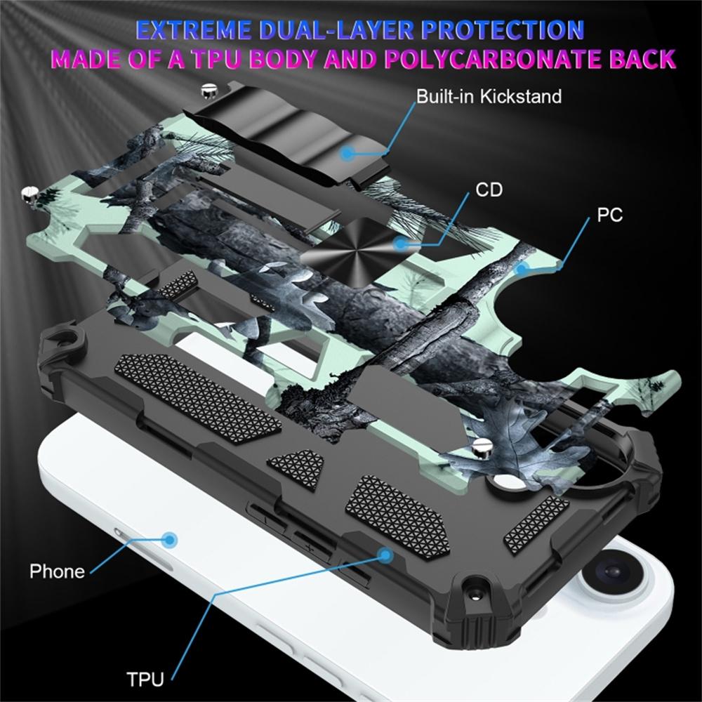 For iPhone 16 Case Kickstand Camouflage Anti-Drop TPU+PC Phone Cover