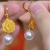 Copper Alloy Yellow Rose Flower Pearl Dangle Earrings, 3D Design, Earrings with Exquisite Flower Cutout Style