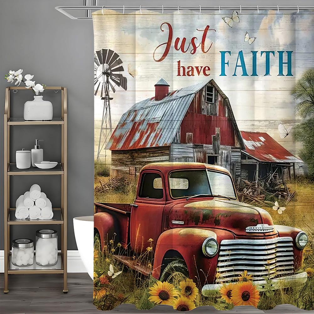 Farmwood Room Red Car Floral Shower Curtain, Bathroom Decorative Shower Curtain, Waterproof Shower Curtain with Hooks