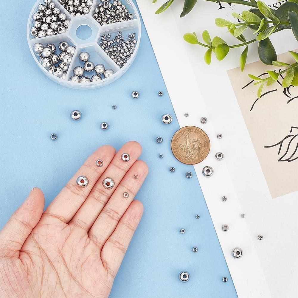 304 Stainless Steel Spacer Beads, Round, Stainless Steel Color, 3~8x2~6.5cm, Hole: 1~2.5mm, 290pcs/box