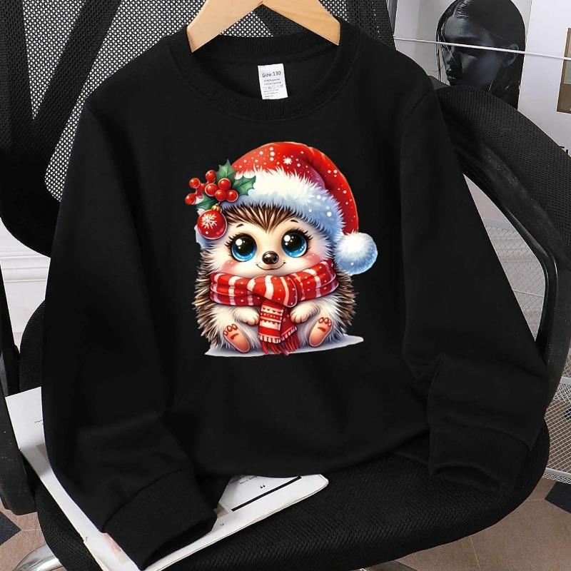 Boys & Girls Crewneck Sweatshirt, Christmas Hedgehog Santa Hat Scarf Holly Berry Print,Casual Sportswear for Spring & Autumn