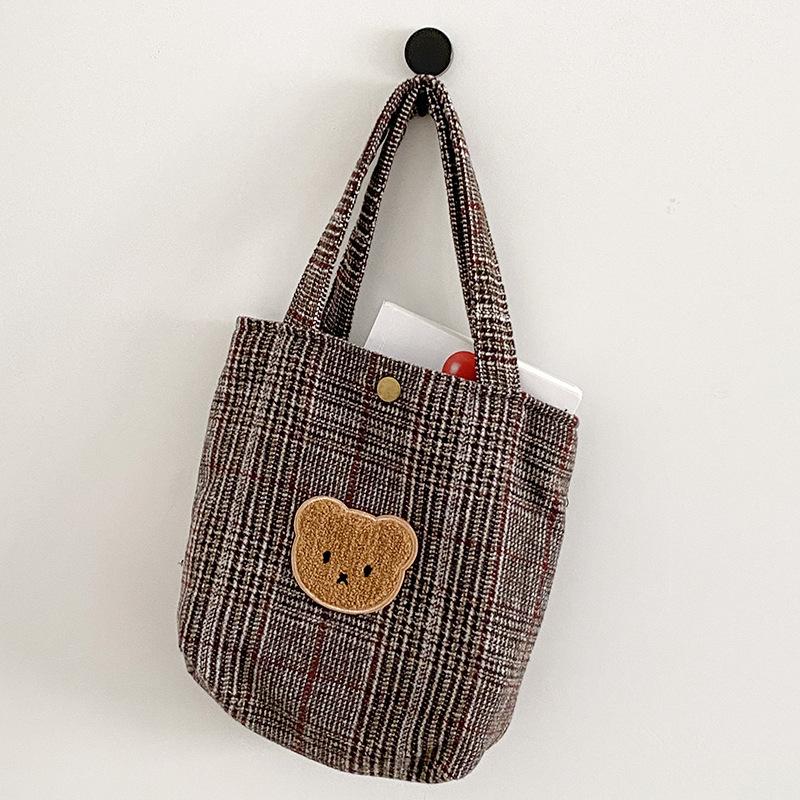 Spring and Autumn New Woolen Bear Embroidered Handbag Women's New Simple Small Bag Canvas Bag Large Capacity