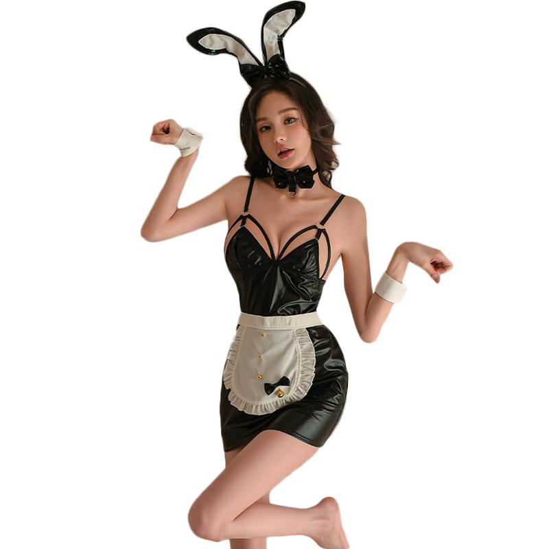 Sexy lingerie bunny maid hot one-piece uniform seduction suit sexy no-take patent leather pajamas