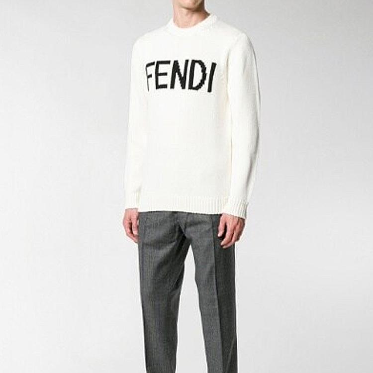 Fendi Sweaters Men's White Crew Neck Moderate Straight Fit FZZ387A3M3F0QA0