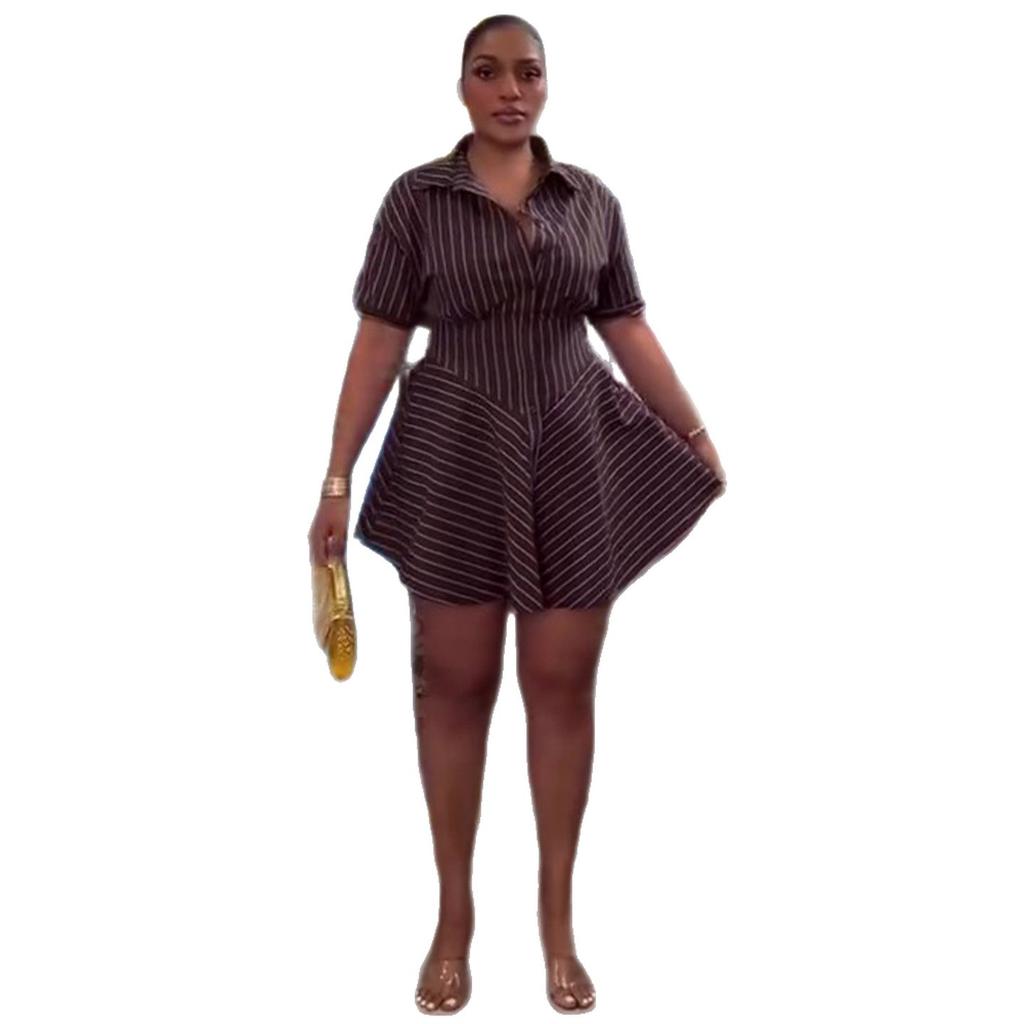 European and American Summer New African Casual Commuter Style Striped Waist Shirt Dress