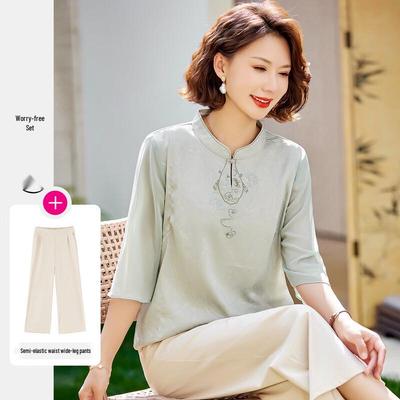 Pa Si Te Mother's Summer Chinese Style Embroidered 3/4 Sleeve Top & Casual Pants Set
