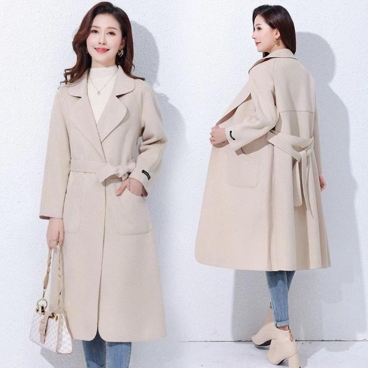 Women's Autumn and Winter Medium-length Temperament Loose Lacing Coat Solid Color Double-sided Velvet Coat