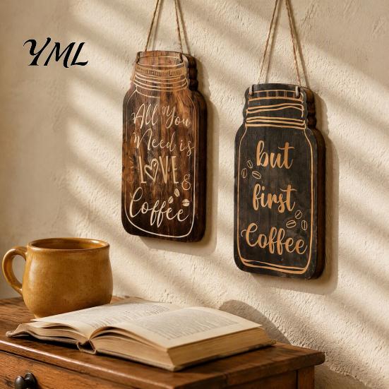 Coffee Station Hanging Decoration 4Pcs Bar Wooden Wall Sign, Farmhouse Rustic Mason Jar Kitchen Sign Decoration, Art Plaque for Cafe Dining