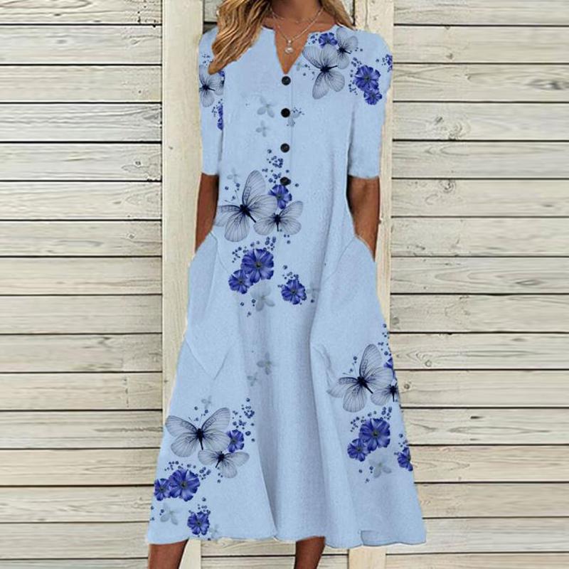 Elegante Frauen Kleider V-ausschnitt Kurzarm Taste Party Kleid Frauen Sommer Vintage Print Kleid Casual Lose Blume Damen Kleider