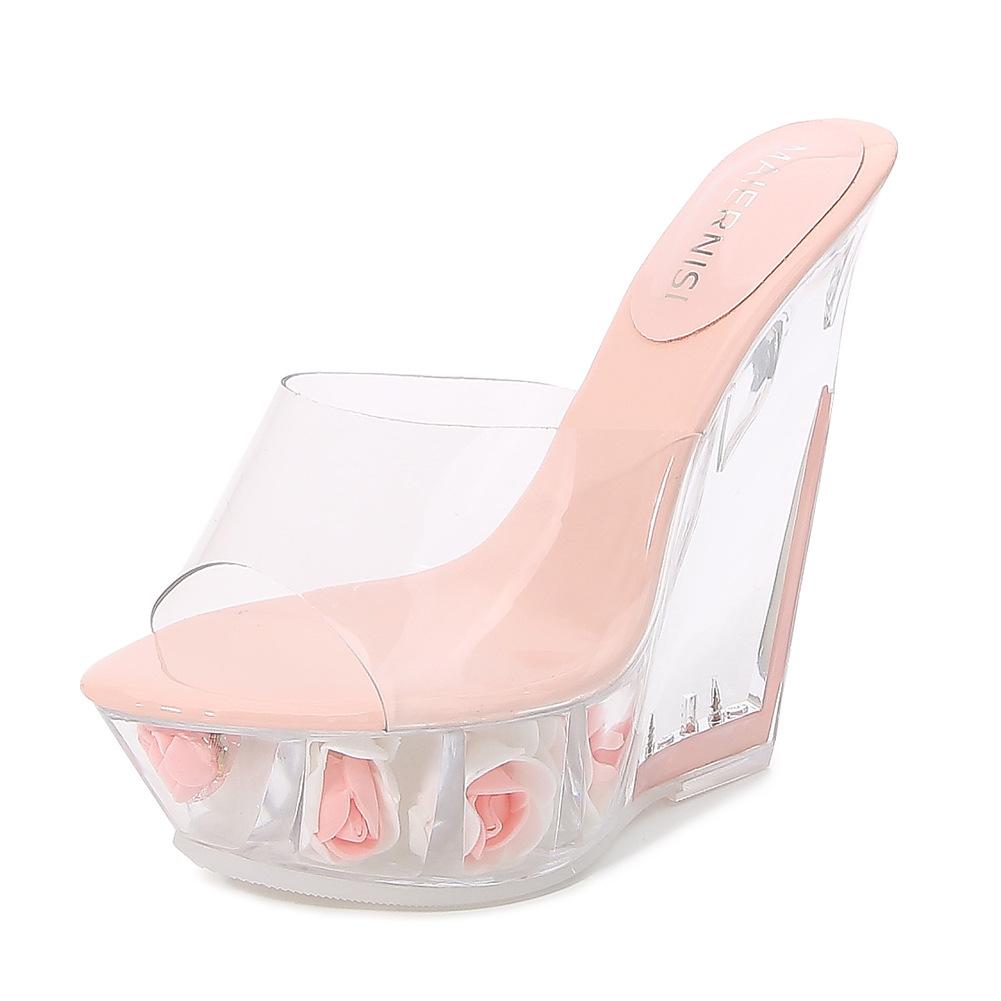 Platform Heel Cool Slippers Sexy Transparent Wedge Heel Crystal Shoes Waterproof Table Women's Shoes