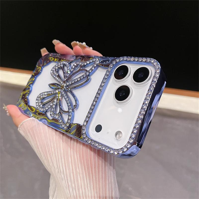 Luxury TPU Plating Diamond Butterfly Phone Case For iPhone 17 16 15 14 13 12 11 Pro Max Plus Shockproof Hollow Out Hard Cover