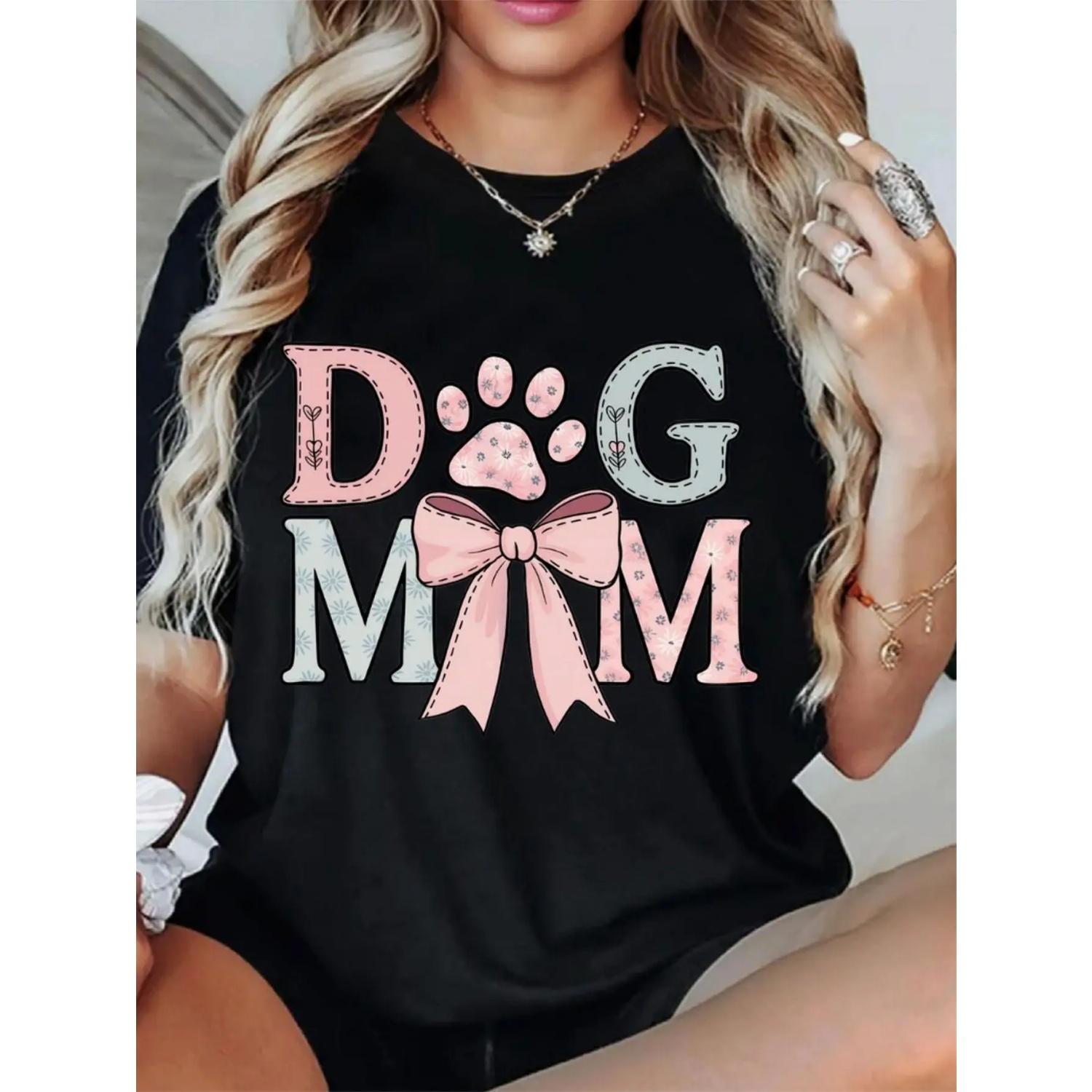 

Dog Mom Graphic Crew-Neck T-Shirt for Women - Casual Tee with Short Sleeves Pink Bow & Paw Print Design Perfect for Mother s Day S чёрный