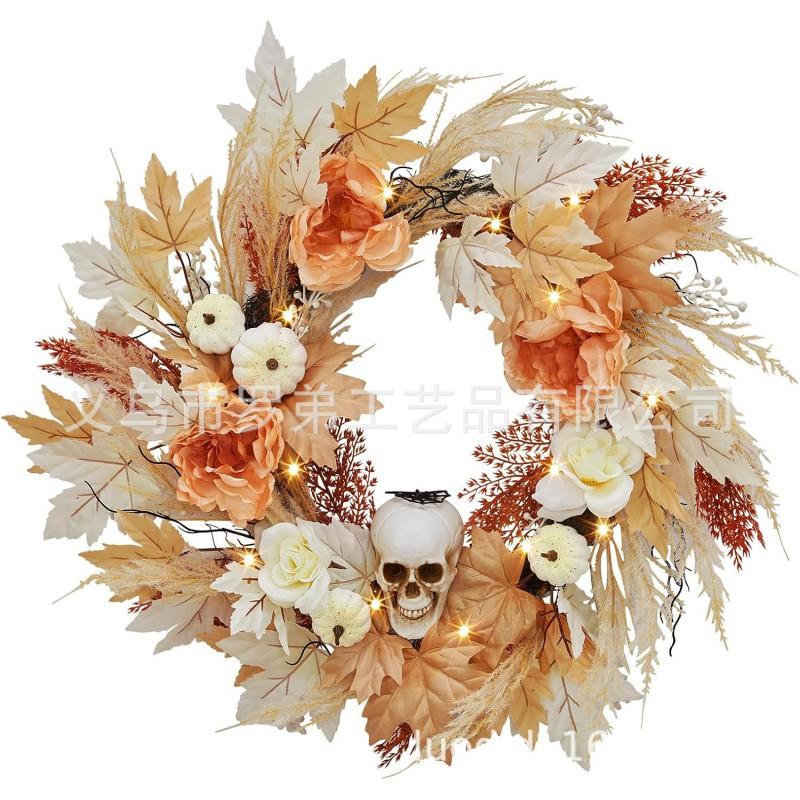Harvest Wreath With Pumpkins Berries Vine Circle Halloween Thanksgiving Door Decor