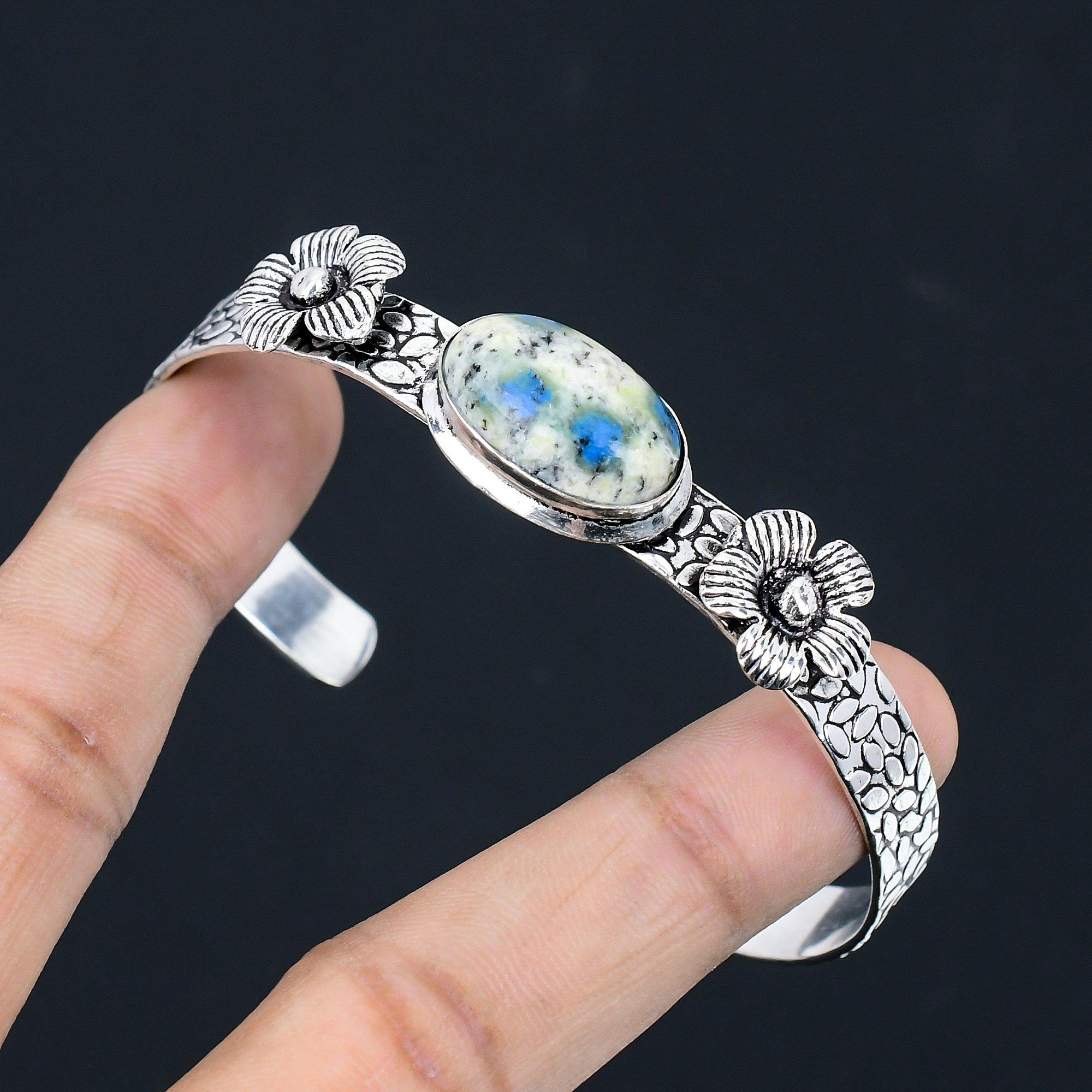 

Daughters Day Deal Natural K2 Jasper Flower Bangle Bracelet 925 Sterling Silver Adjustable