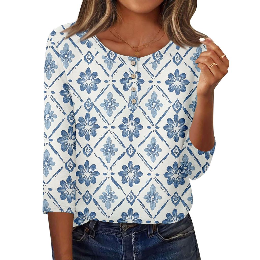 3/4 Sleeve Shirts For Women Button Down Shirt Top For Women Half Button Down Print Graphic Blouse