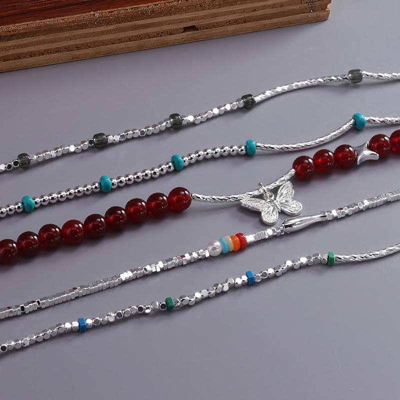 Silver Plated Bracelet for Women Pearl Red Agate Turquoise Glass Fish Butterfly Geometric Elastic Jewelry Party Gift