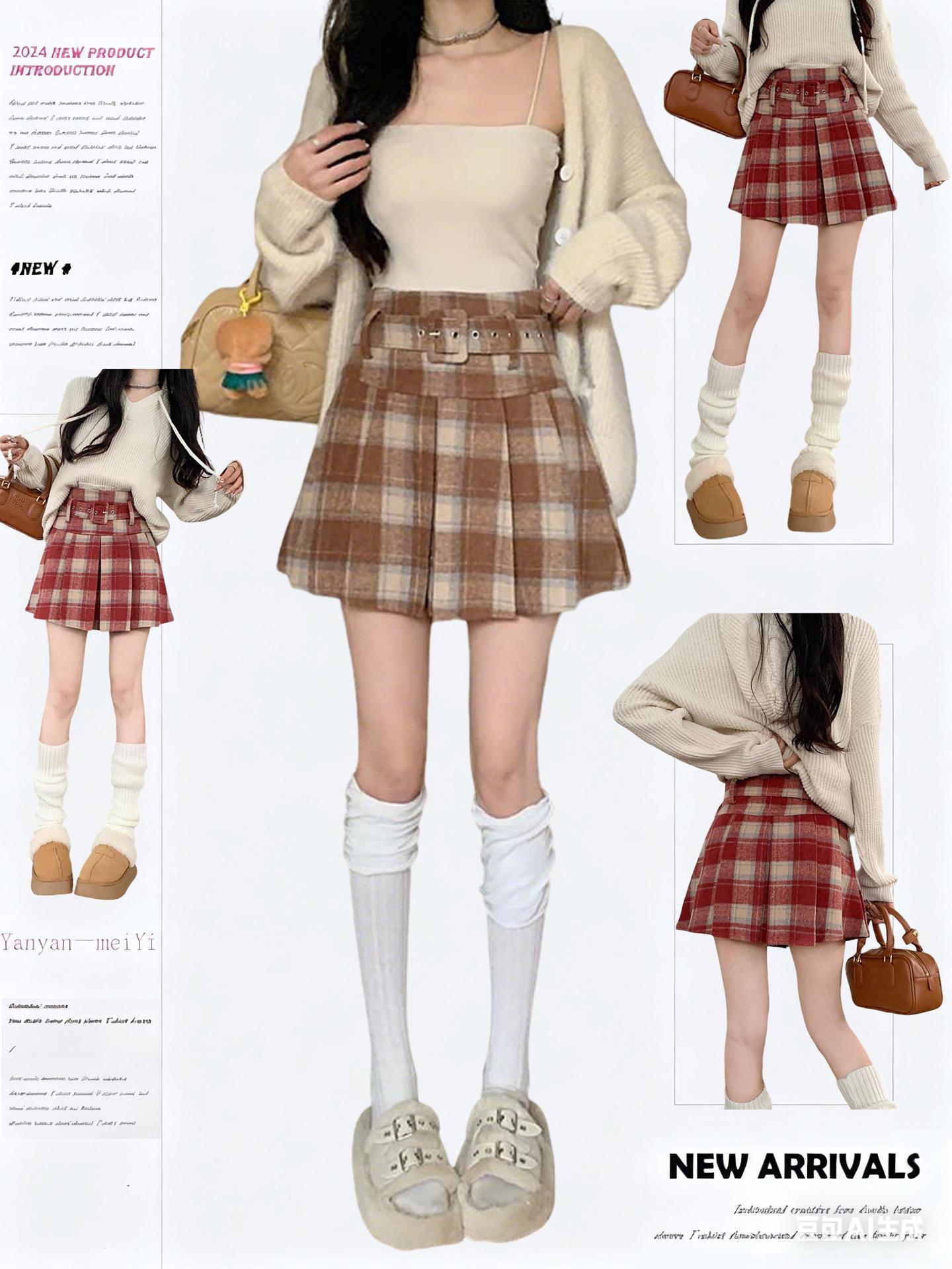 Women s Winter Retro College-Style Red Plaid Wool Pleated Skirt - Short, Thickened, Petite Korean Style L