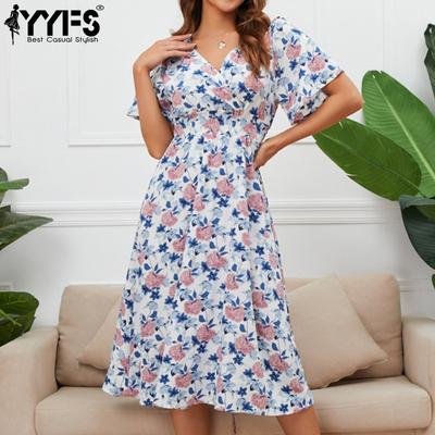 Damenmode Sommer Frühling Blumenmuster Druck Kurzarm V-Ausschnitt Hohe Taille Freizeitkleider