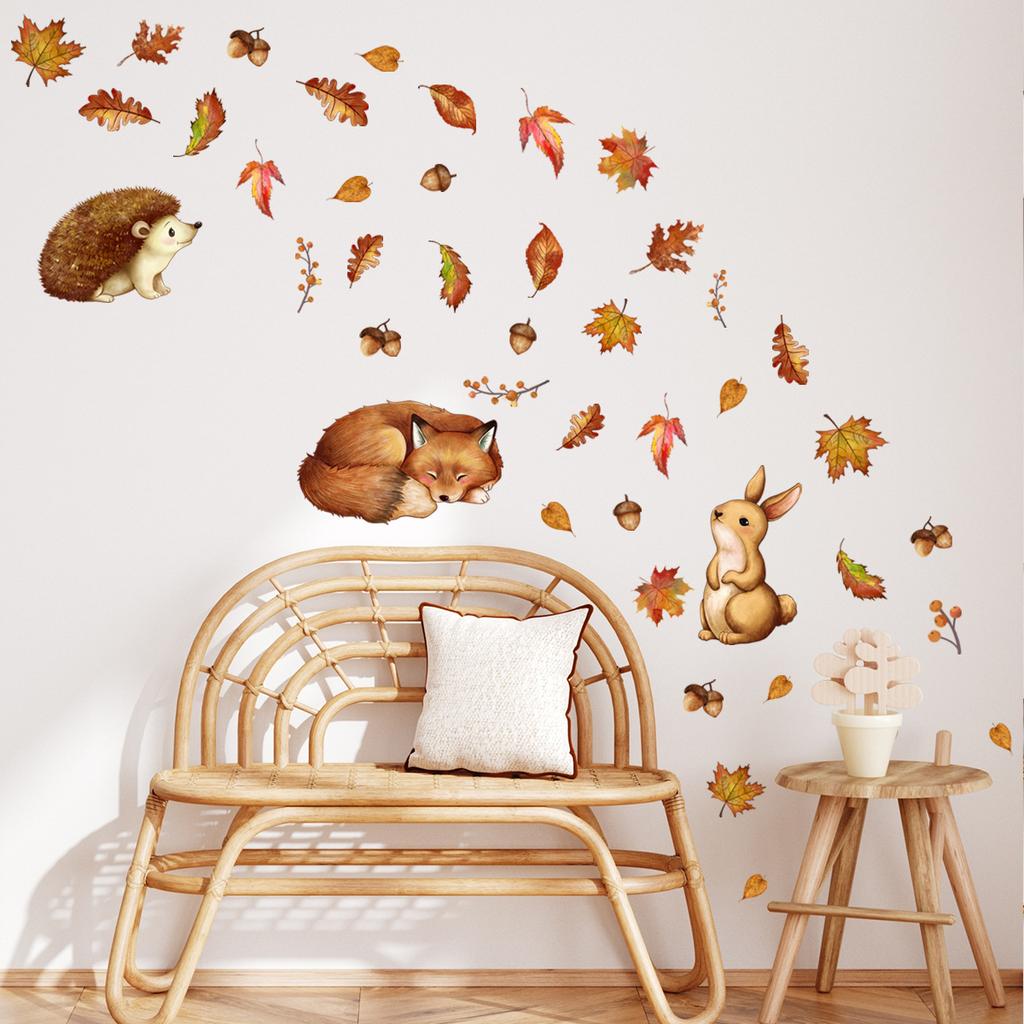 Ms6306-Zy Watercolor Wall Sticker Maple Leaf Hedgehog Rabbit Fox Children'S Room Decoration, Large Quantity Can Be Negotiated