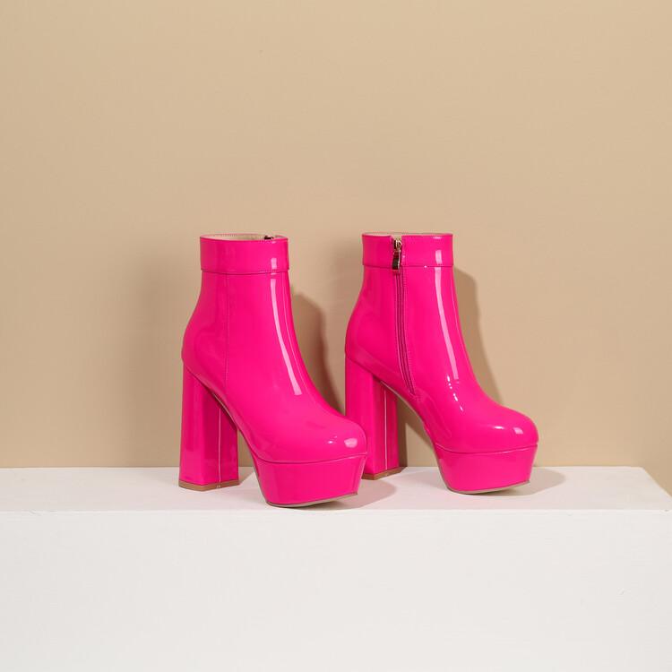 Jasná lakovaná kůže Růžové červené boty Ženy Robustní podpatky Platforma Goth boty Růžová Béžová Boty na vysokém podpatku 43