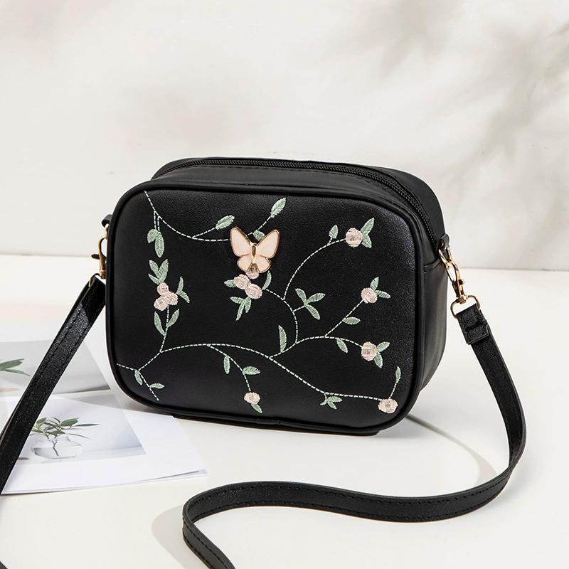 Embroidered Flower Bow Camera Bag Simple Women's Casual Small Square Bag PU Leather Shoulder Crossbody Bag AVE