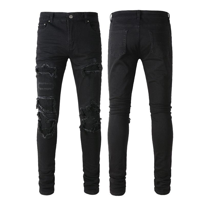 Black Pleated Street Style Men`s Ripped